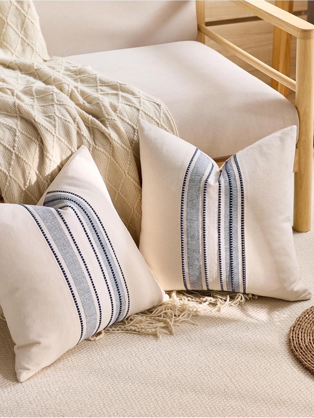 Striped Linen Textured Throw Pillow Covers 18x18 Inch Set of 2 - Picture 5 of 10